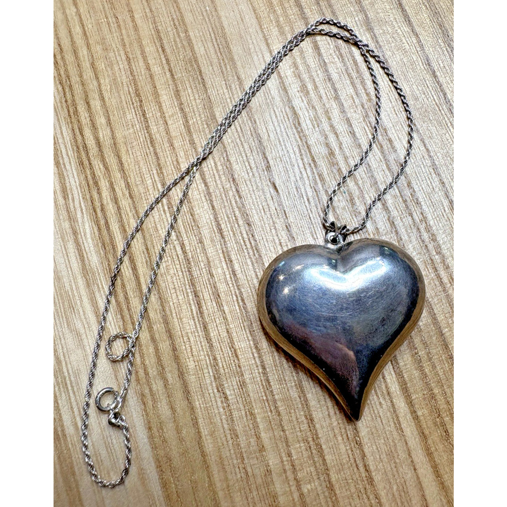 VTG Sterling Silver Bubble Puffy Heart Pendant 925 Silver neckace 13.81g 1.25"